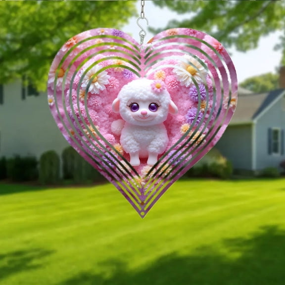 HELLOYOUNG 2D Flat Metal Wind Chime, Enchanting Fluffy Sheep with Purple Eyes & Floral Crown, Whimsical Flower Field Scene, Hanging Decoration for Halloween Christmas Easter Mothers Day