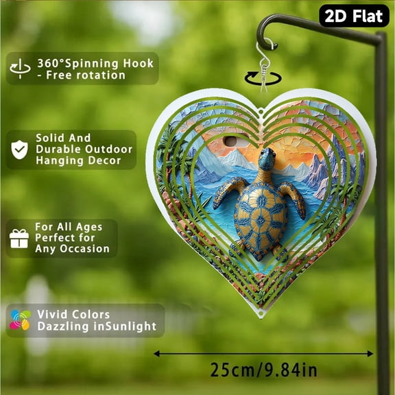 HELLOYOUNG 2D Flat Metal Wind Chime, Vibrant Dopamine Color Hanging Ornaments with Mosaic Turtle & Ocean Mountain Art, Serene Summer Vibe for Nature Lovers Beach Gift