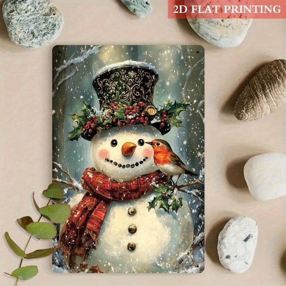 HELLOYOUNG 2D Flat One Piece Holiday Snowman Robin Metal Wall Art, 8x12in Iron Sign with Holly Berries Red Plaid Scarf Top Hat, Winter Wonderland Christmas Home Decoration Outdoor Holiday Gift