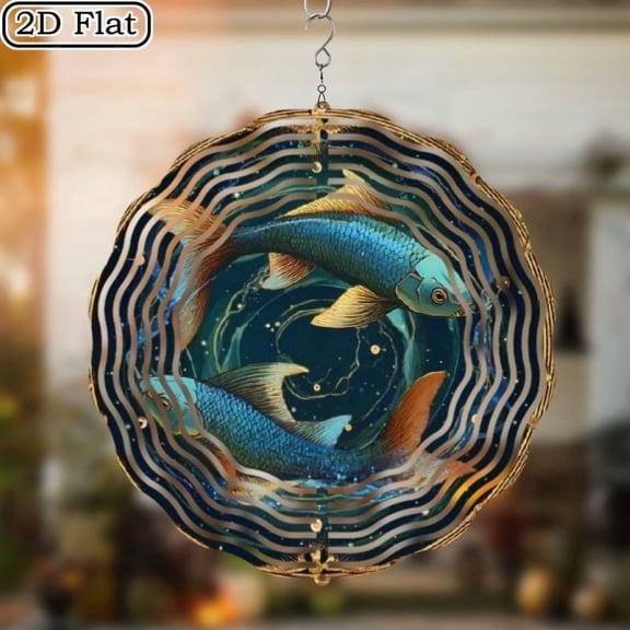 HELLOYOUNG 2D Flat Pisces Fish Wind Chime, Rotating Metal Hanging Decoration with Deep Blue & Golden Accents, Starry Night Sky Design for Garden Patio Home, Elegant Indoor Outdoor Celestial Decor, In