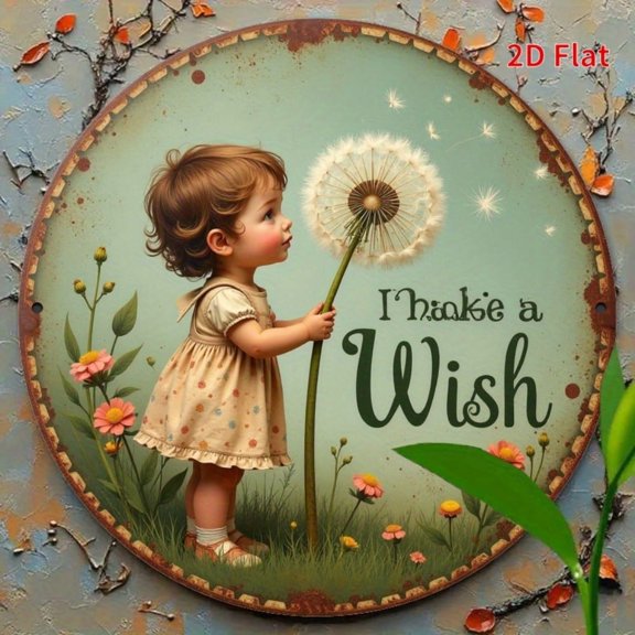 HELLOYOUNG 2D Flat-Print Retro Circular Iron Plate - Childhood & Dandelion Theme | Easy-to-Hang Decor for Bedroom, Kitchen & Dining Room