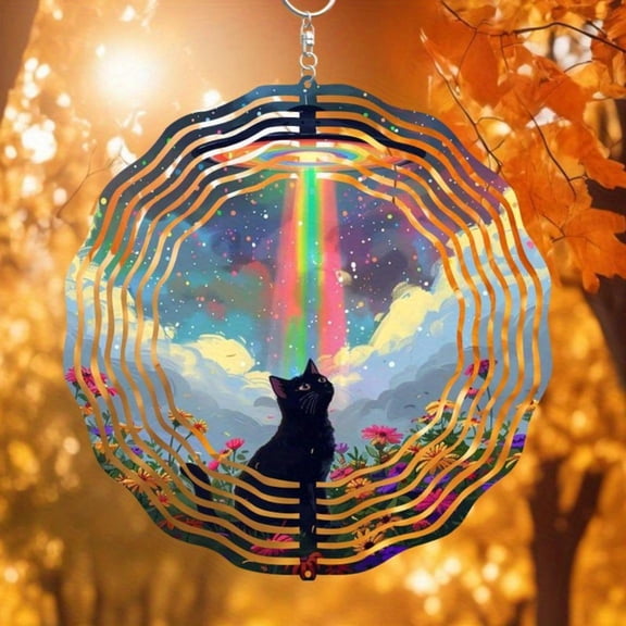 HELLOYOUNG 2D Flat Rainbow Cat UFO Wind Spinner 25.4cm Metal Stained Glass Suncatcher, Bohemian Garden Patio Decor Weatherproof Rust-Resistant Gift for Christmas Halloween Easter