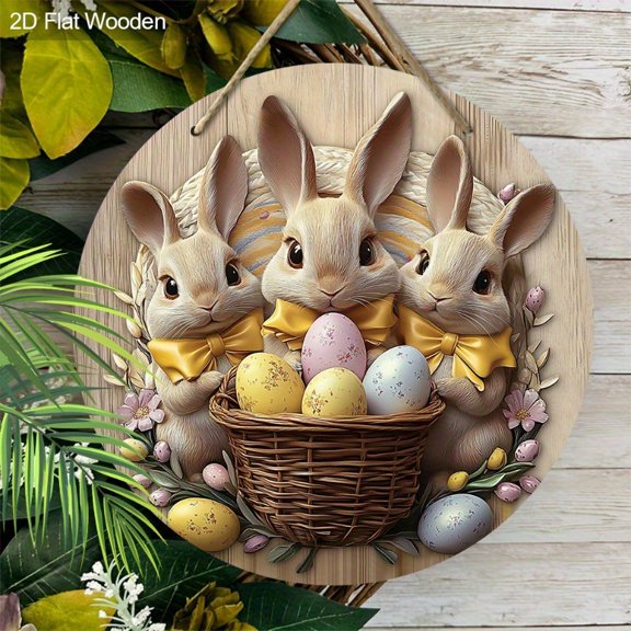 HELLOYOUNG 2D Flat Retro Easter Wall Decor Metal Tin Sign Easter Bunny decorative plaque  Rabbit Egg Design Hanging Plaque for Home Office Farmhouse Ornament