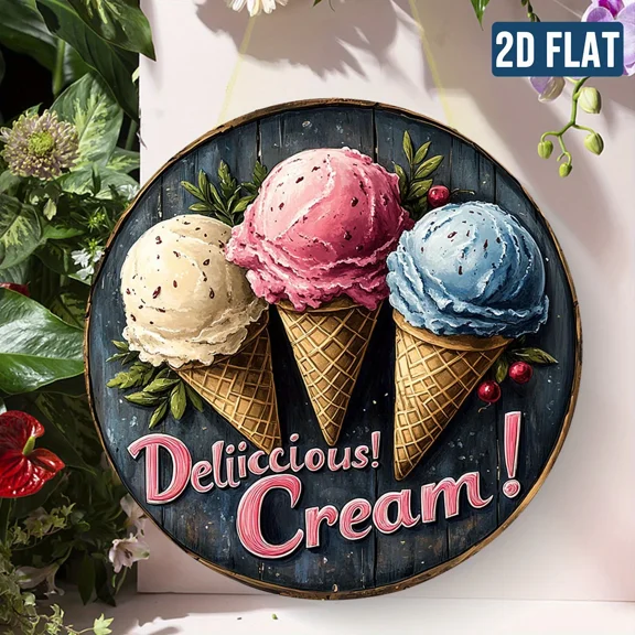 HELLOYOUNG 2D Flat Retro Ice Cream Metal Sign 7.8x7.8 Inch HD Tin Poster for Kitchen Diner Wall Decor, Fade Resistant Vintage Artwork
