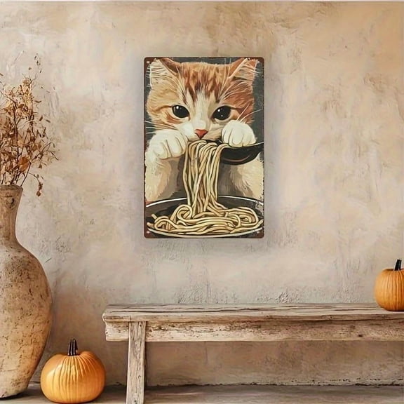HELLOYOUNG 2D Flat Retro Metal Foil Wall Art Sign, Funny Cat Eating Noodles Design, Durable Tin Kitchen Decor for Home Cafe Garage Office, Unique Gift for Cat Lovers Pet Owners Valentine's Day Birthd