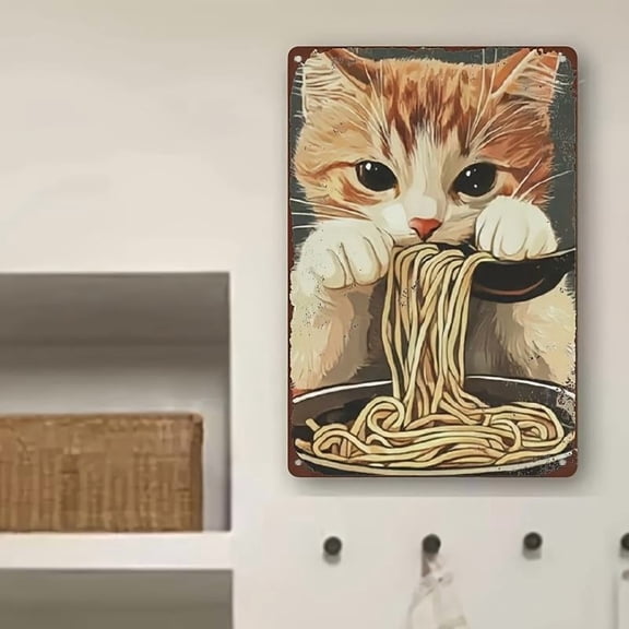 HELLOYOUNG 2D Flat,  Retro Metal Foil Wall Art Signs - Funny Cat Eating Noodles Design, Durable Tin Kitchen Decor for Home, Cafe, Garage, Office - Unique Gift for Cat Lovers