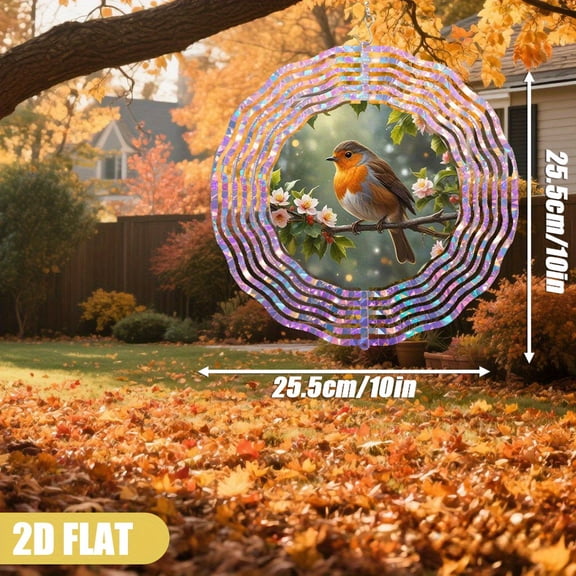 HELLOYOUNG 2D Flat Robin Wind Chimes for Outdoors, 360 Rotating Double Sided Metal Bird on Flowering Branch, Painted Round Wind Melody Hanger, DIY Creative Valentine Gift for Indoor Garden Decor