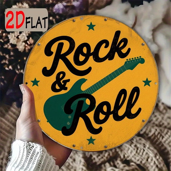 HELLOYOUNG 2D Flat Rock Style Guitar Star Pattern Aluminum Sign, 20cm Outdoor Round Plaque, Classic Rock Gift for Wall Space Decor