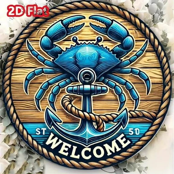 HELLOYOUNG 2D Flat Round Aluminum Welcome Sign: Nautical Crab & Anchor Foil Engraved Wall Art Rustproof, Waterproof Metal Decor