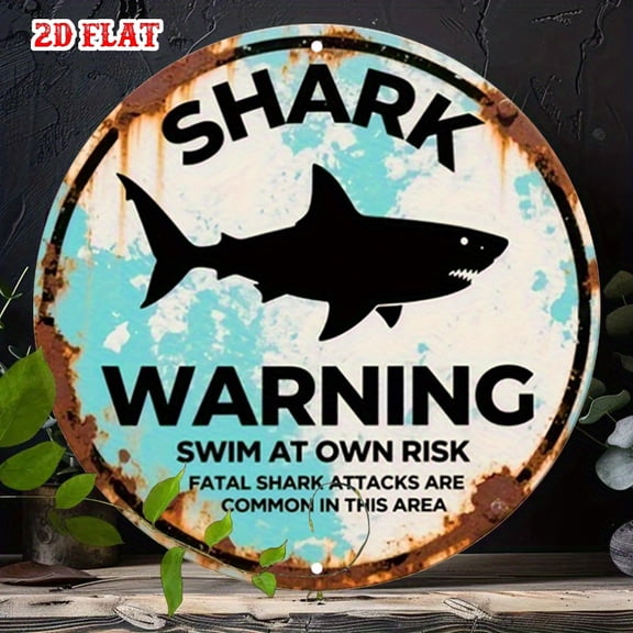 HELLOYOUNG 2D Flat Shark Alert Round Sign 7.87 Inch Rustic Wall Art for Home Garage Caf Decor, Vintage Metal Tin Sign