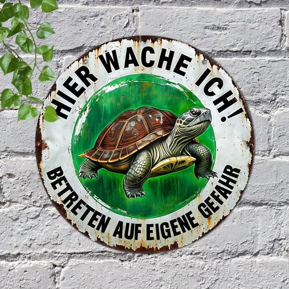 HELLOYOUNG 2D Flat Vintage German Funny Turtle Aluminum Wall Sign, "Here I Guard! Enter If I Find Myself" Metal Poster, Outdoor Garden Yard Decor
