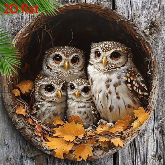 HELLOYOUNG 2D Flat Vintage Owl Family Aluminum Wall Art - 8x8" Embossed Animal Decor, Home Cafe Entryway Gift