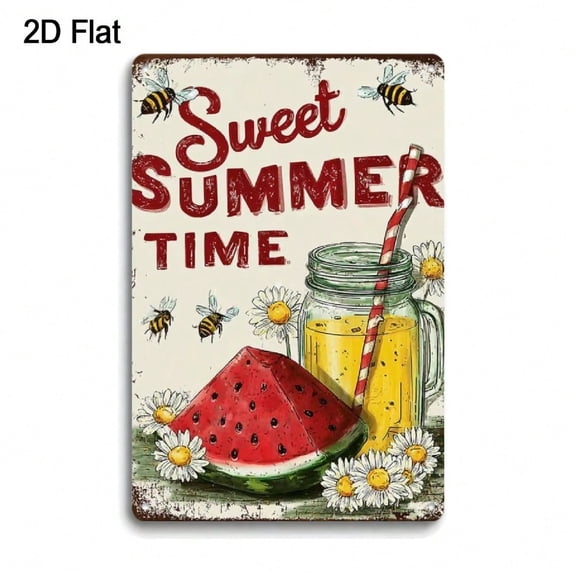 HELLOYOUNG 2D Flat Vintage Sweet Summertime Metal Wall Decor, 12x8 Inch Retro Farmhouse Watermelon Bees Daisies Sign, Rustic Art Print for Home Kitchen Garden Fence