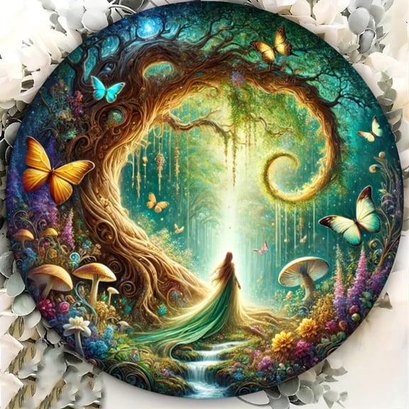 HELLOYOUNG 2D Forest Fairy Theme Metal Sign Art - Enchanted Garden Circle Wall Decor for Home, Cafe Decoration