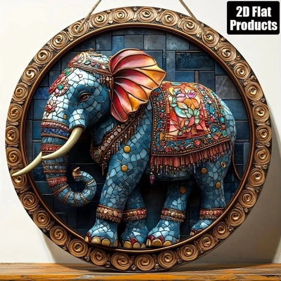 HELLOYOUNG 2D Metal Elephant Wall Art, Round Rustic Metal Sign for Living Room Decor, Modern Home Gift