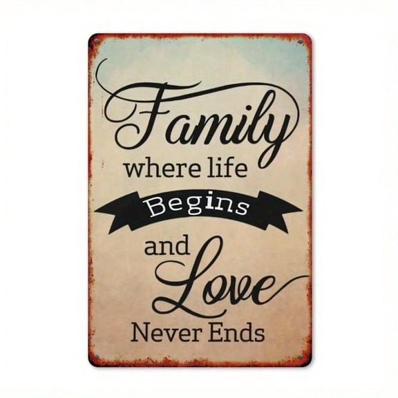 HELLOYOUNG 2D Metal Iron Sign Family Begins Love Never Ends Wall Art 8x12 Inch Rustic Home Decor for Living Room Bedroom Kitchen Farmhouse