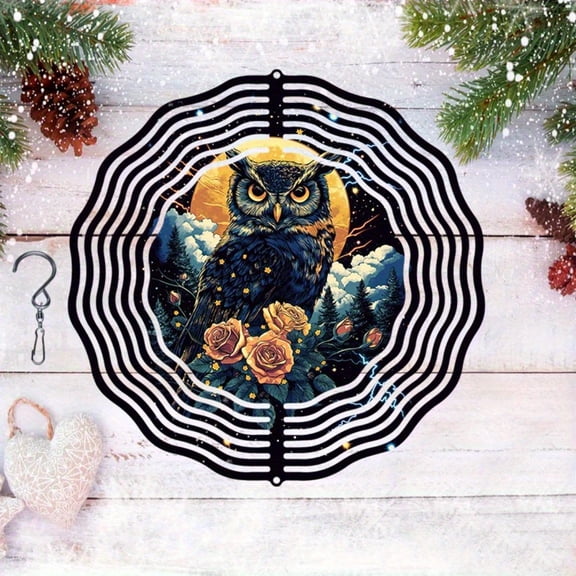 HELLOYOUNG 2D Metal Owl Mandala Wind Spinner, Moonlight Hanging Wind Chime for Outdoor Garden Courtyard Home Decor, No Power Required Easy To Install