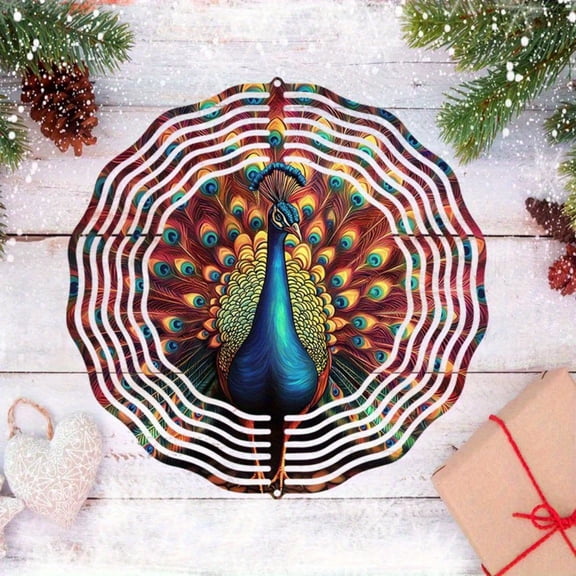 HELLOYOUNG 2D Metal Peacock Wind Spinner, Vibrant Red Blue Gold Feathers Wind Chime for Outdoor Garden Decor, Easy Installation Yard Art