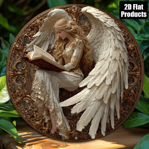 HELLOYOUNG 2D Metal Sign 8" Round Angel Reading Metal Wall Art, Home Bar Cafe Office Decor, Fall Halloween Christmas Gift