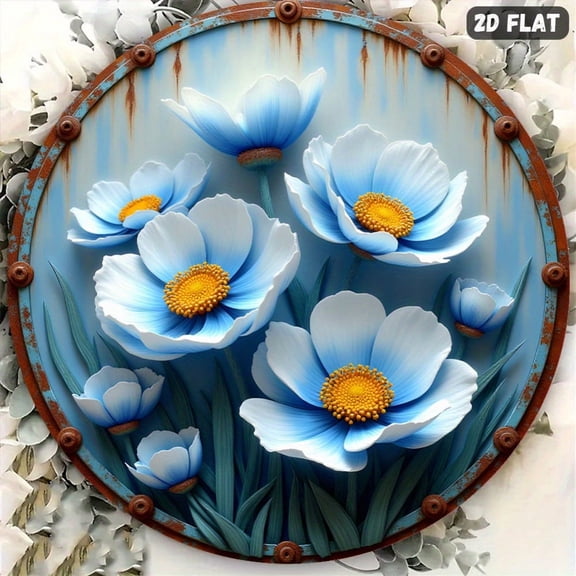HELLOYOUNG 2D Metal Sign Blue White Floral Round Wall Art, 8 Inch Spring Rustic Decor for Kitchen Garden Office, Farmhouse Hanging Plate