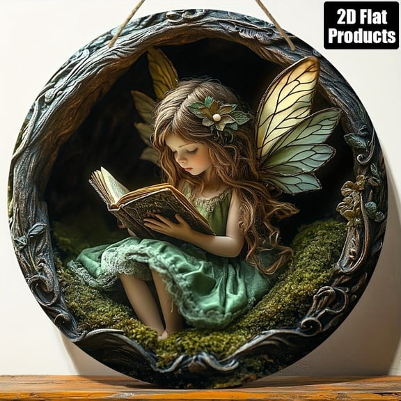 HELLOYOUNG 2D Metal Sign Fantasy Elf Reading Scene Round Metal Wall Art 8x8 Inch Vintage Decor for Home Bar Kitchen Coffee Shop Office