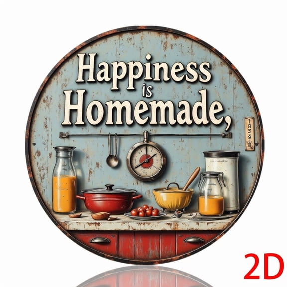 HELLOYOUNG 2D Metal Sign "Happiness Is Homemade" Retro Rustic Wall Decor, Green Red Kitchen Plaque with Utensils Pattern, Durable Farmhouse Art for Home