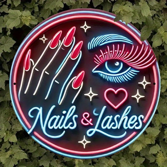 HELLOYOUNG 2D Metal Sign Neon Nail and Lashes Wall Art Vintage Metal Sign for Salon Bar Cafe Home Decor