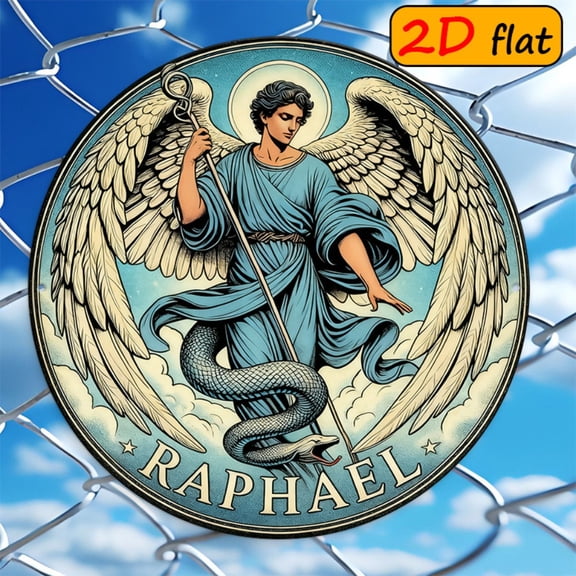 HELLOYOUNG 2D Metal Sign Religious Angel Raphael Serpent Staff 7.87x7.87 Inch Round Outdoor Metal Decor Mystical Garden Wall Art Rustproof