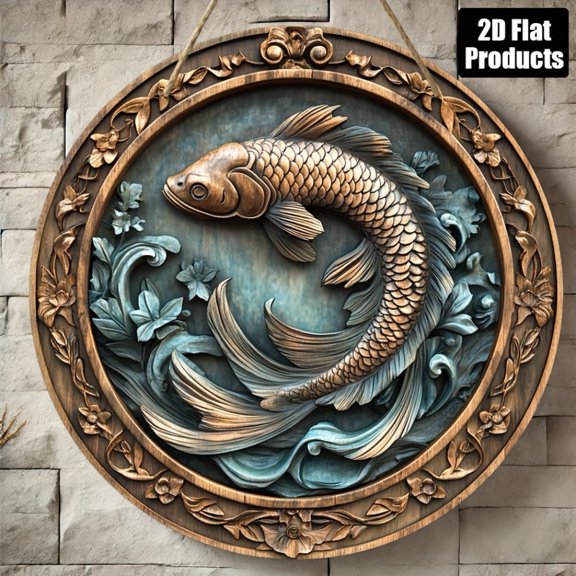 HELLOYOUNG 2D Metal Sign Round Koi Fish Art Wall Decor for Bar Kitchen Coffee Home Office 8x8 Inch Housewarming Gift