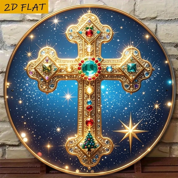 HELLOYOUNG 2D Metal Sign Vintage Cross Wall Art 8x8 Inch Aluminum Plaque Unique Christmas Home Bar Restaurant Decoration Easy To Hang