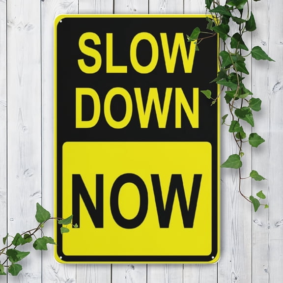 HELLOYOUNG 2D Metal Slow Down Warning Sign, Black Yellow Reflective Outdoor Safety Board 8x12 Inch, Durable Rustproof Wall Decor for Garage Farm Street