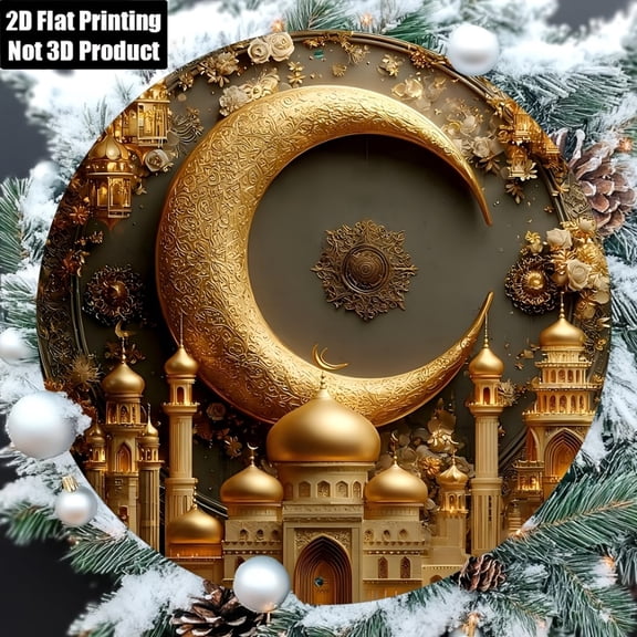 HELLOYOUNG 2D Round Aluminum Metal Sign 8x8 Inch Eid Mubarak Wall Decor for Home Office Garden, Rustproof Islamic Ornament Gift