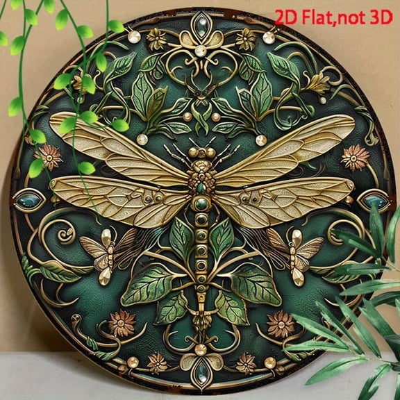 HELLOYOUNG 2D Round Aluminum Sign Metal Wall Art Yellow-Green Dragonfly 3D Floral Decor for Home Outdoor Patio Garden 20x20 Cm