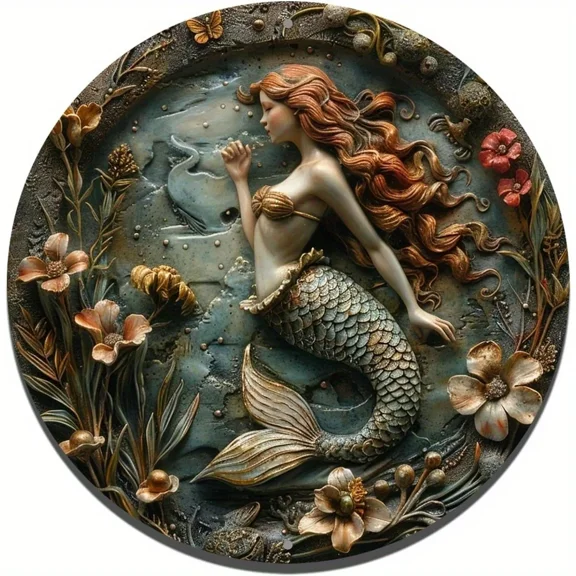 HELLOYOUNG 2D Round Metal Aluminum Sign Art Ocean Mermaid Decorative Plates Entrance Gift Mask Theme For Bar Club Home Room Wall Decor