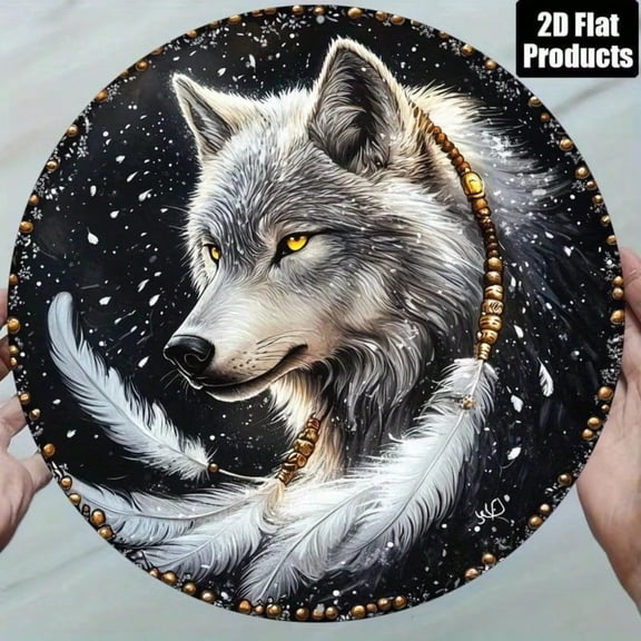 HELLOYOUNG 2D Round Wolf Metal Aluminum plate, Feather & Starry Sky Art Print Wall Home Decor