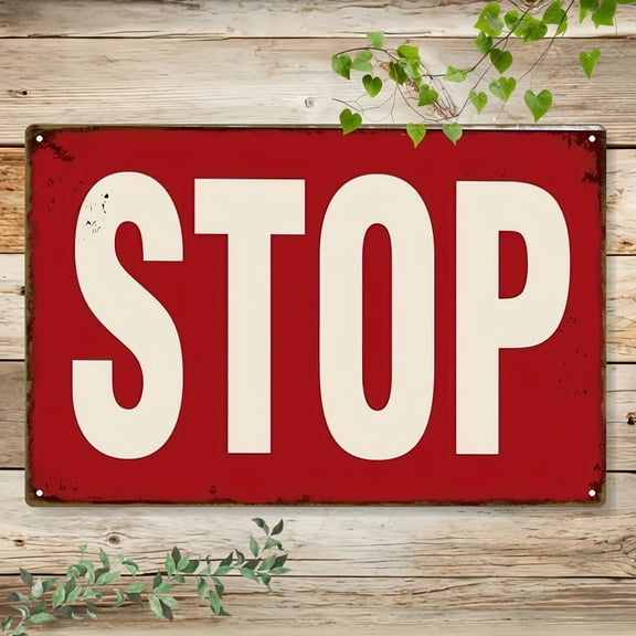 HELLOYOUNG 2D Rusty Stop Sign Metal Wall Art, 8x12 Inch Worn Red Background White Letters, Vintage Metal Sign for Study Living Room Decor