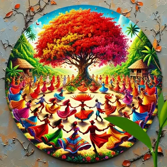 HELLOYOUNG 2D Vibrant Puerto Rican Dance Tin Sign Colorful Dancers Tree Art Wall Decor for Home Office Garage Club Kitchen Bar