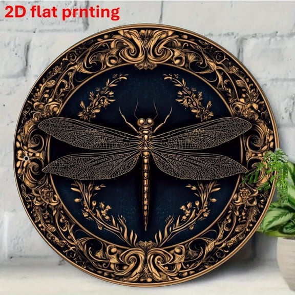 HELLOYOUNG 2D Vintage Dragonfly & Floral Metal Wall Art Navy Blue & Golden Accents for Bars