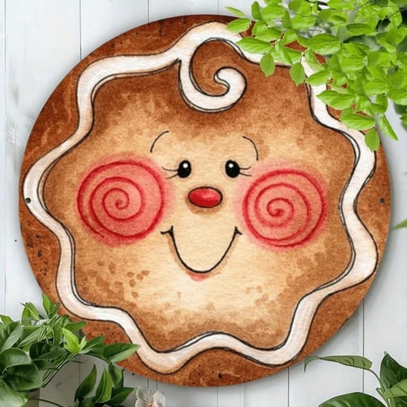 HELLOYOUNG 2D Vintage Metal  Sign 8x8 inches Gingerbread Face Wreath Sign Christmas Wreath Round  Sign Funny Novelty Metal Vintage Wall Decoration for Home Garden Bar