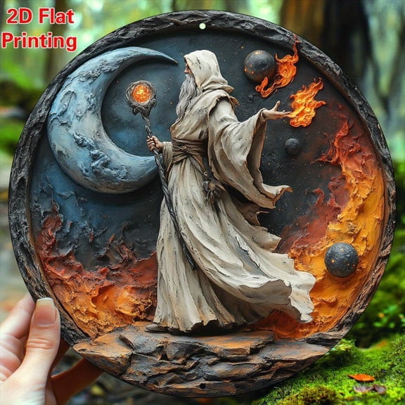 HELLOYOUNG 2D Wall Art Metal Sign 8x8 Inch Aluminium Round Ice Fire Wizard Decor for Kitchen Coffee Home Living Room Office Gift for Friend