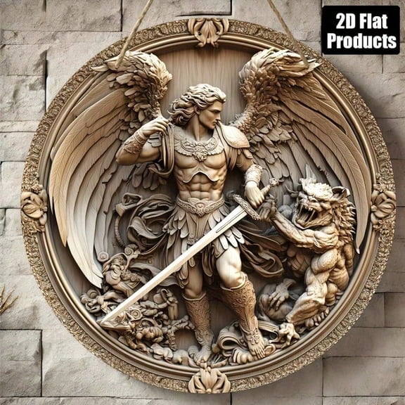 HELLOYOUNG 2D Wooden Wall Art Round Angel Warrior with Sword, Modern Nordic Home Decor, Iron Tin Sign Metal Wall Decor for Living Room Bedroom Bar Cafe