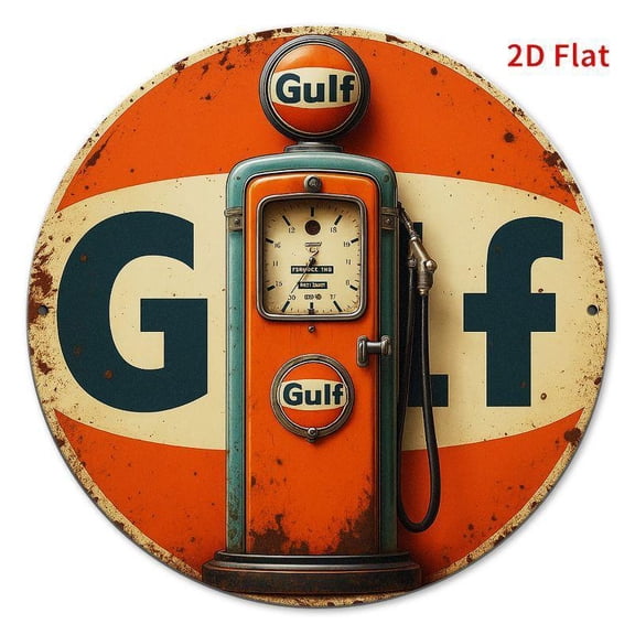HELLOYOUNG 2D flat printing, circular metal signboard, retro Gulf gas station pattern, suitable for front door porch, living room, bedroom home decoration, rural outdoor and indoor metal signboards