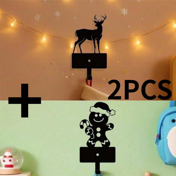 HELLOYOUNG 2PCS Christmas Wall Hooks, Reindeer Gingerbread Man Silhouette Metal Hanger for Coats Hats Stockings, Entryway Decorative Organizer for Kids Room Holidays New Year Gifts