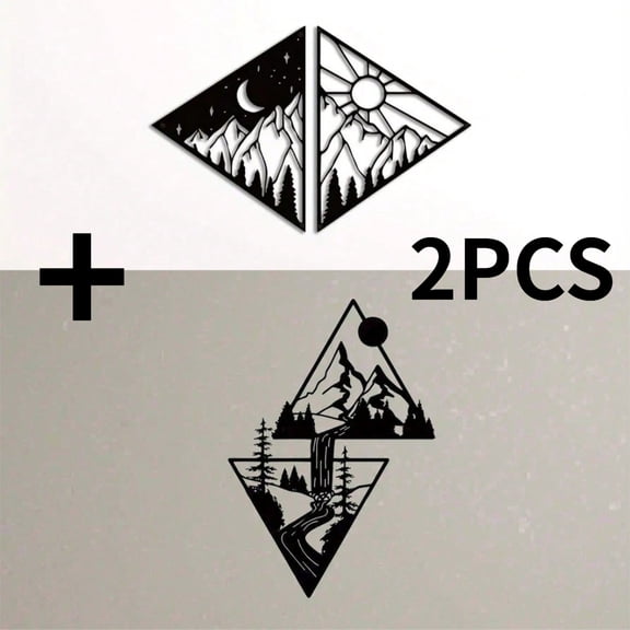 HELLOYOUNG 2PCS Geometric Mountain Metal Wall Art, Day & Night Landscape Silhouette with Waterfall Trail, Modern Hanging Sculpture for Living Room Office, Halloween Christmas New Year Gift
