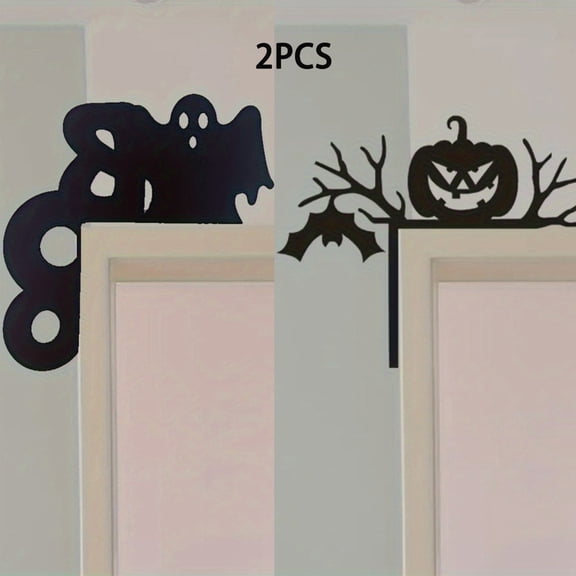 HELLOYOUNG 2PCS Halloween Door Topper Decor Set, Metal Iron Ghost Pumpkin Silhouette Wall Decor, Black Wrought Iron Ornament for Front Door Entryway, Holiday Home Decor Halloween Gift