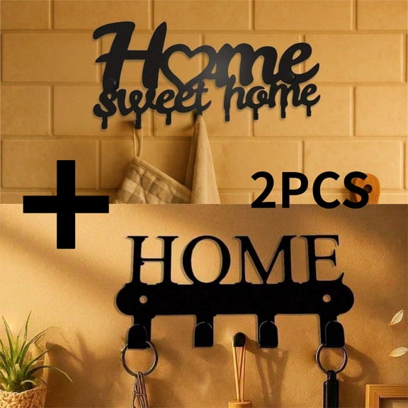 HELLOYOUNG 2PCS Multi-purpose Hook Black Metal Home Sweet Home Wall Decor & Key Holder, Farmhouse Entryway Hook Rack for Purse Coat, Living Room Rustic Organizer Set