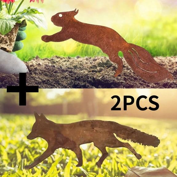 HELLOYOUNG 2PCS Rustic Metal Fox Squirrel Silhouette Stump - Rust Yellow Garden Stakes Animal Yard Art Outdoor Decor for Lawn Patio Flower Bed