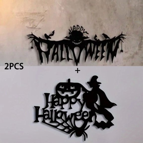 HELLOYOUNG 2Pcs Black Metal Halloween Wall Decor, Happy Halloween Pumpkin & Witch Silhouette, Spooky Farmhouse Entryway Art for Indoor Outdoor Party Decor