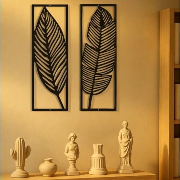 HELLOYOUNG 2Pcs Metal Leaf Shaped Wall Plaques & Signs Decor Black Hanging Art Piece Simple Clean Lines Plaque Sign for Home Living Room Bedroom Modern Indoor Decoration