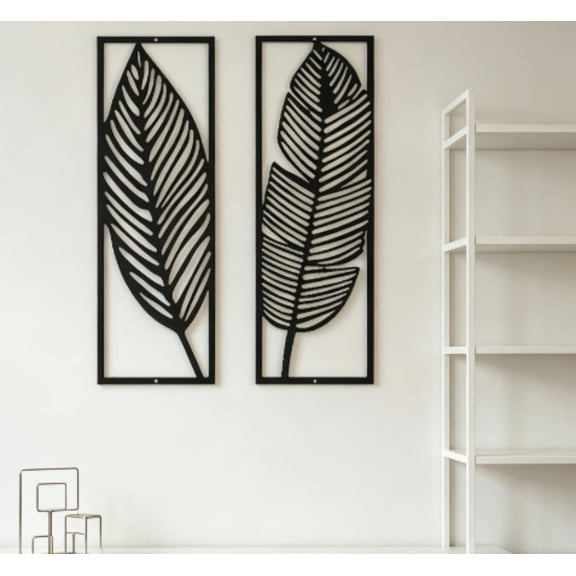 HELLOYOUNG 2Pcs Metal Leaf Wall Decals & Stickers Hanging Art Black Decor Simple Clean Lines Plaque Sign for Living Room Bedroom Rustproof Modern Gift